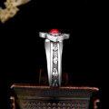 wholesale S925 Sterling Silver Southern Red Agate Auspicious and Adjustable Open Ring, Vintage Retro Style, National Charm-0-2