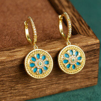 wholesale Metal material, BFIRST Silver Luck Collection original design turquoise retro chrysanthemum pattern ear stud gift, new Chinese-style earrings for women wholesale-14K gold-plated copper