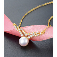 wholesale S925 Sterling Silver Diamond-Embedded Freshwater Pearl Necklace for Women, Elegant Fashionable Luxury Personality Collarbone Chain Set Wholesale-003581-Gold>S925 Silver