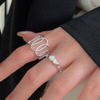 wholesale S925 Sterling Silver Geometric Hollow Oval Ring for Women, Korean Minimalist Ins Trendy New Niche Open Adjustable Ring-Colorful Stone All-match Model (Pure Silver + Open)