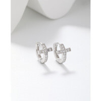 wholesale 925 Sterling Silver Cross Earrings for Women and Men, Hip-Hop Style with Diamond Accents, Circle Hook Design for Cross-Border Fashion-Platinum (single)  925 silver