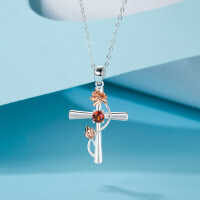 S925 Silver Cross Pendant with Pink Diamond and Sapphire Wholesale-【Floral Cross】July Rose Red (Lotus) Copper  925 Silver