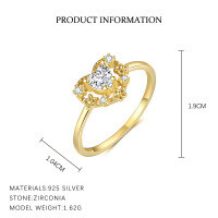 wholesale S925 Sterling Silver Cross-border Sweet Heart Ring With Shining Zircon, Adjustable Opening, Fashionable And Light Luxury-K2127-Gold/7 Sizes