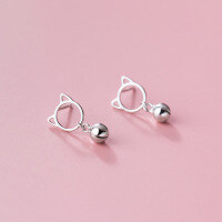 wholesale S925 silver Korean-style cute jingling kitten bell earrings, sweet Japanese-inspired girly earrings G7009-S925 silver short earrings>925 silver