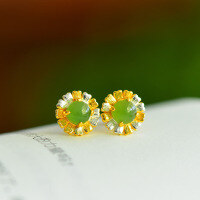 wholesale [925 Sterling Gold-Plated Two-Tone Sunflower Stud Earrings with Certificate, Inlaid with Natural Jasper Gemstone for Wholesale]-Gold and silver color separation 925 silver