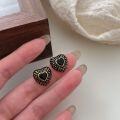 wholesale S925 Sterling Silver Ancient Method Gold Black Agate Heart Stud Earrings Women's Korean Spring New Arrival High-end Fashion Must-have Earrings-0-1