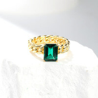 wholesale S925 gold-plated sterling silver minimalist modern style 3-carat lab-grown emerald chain ring-Cultured Emerald Ring  US Size 6