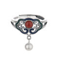 wholesale S925 Sterling Silver Retro Antique Style Resin Enamel Inlaid Southern Red Agate Auspicious Cloud Openwork Pattern Tassel Ring-0-4
