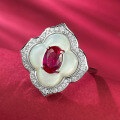 wholesale S925 Sterling Silver Live Stream Style Ring with White Mother-of-Pearl Inlay and 4*6mm Pigeon Blood Red, Fashionably Delicate Vintage Charm, Elegant and Graceful-0-1