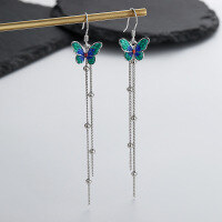 wholesale S925 silver cloisonné Chinese orchid butterfly long tassel earrings, vintage and artistic Chinese-style earrings-140FR/vintage approx. 2.1g>925 silver