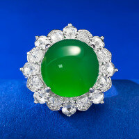 wholesale S925 Silver Zhuo Zhifan Ring Lavishly Set with High-Glaze Green Chalcedony Elegant Large Cabochon 12mm Women's Ring-R839 Chrysoprase Ring Size 7