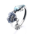 wholesale S925 Sterling Silver Vintage Enamel Resin Colorful Ethnic Lucky Carp Lotus Tassel Adjustable Ring-0-4