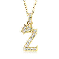 Gold-Plated Copper Crown Zircon Quartz Letter Pendant Necklace-Letter necklace Z