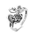 wholesale S925 Sterling Silver Aged Ring with Lotus, Carp, Coin, and "Year After Year of Abundance" Design in Ethnic Retro Style for Index Finger-0-4