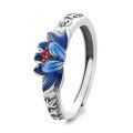 wholesale S925 Silver Vintage Style Enamel Drip Glaze Six-Character Mantra Lotus Relief Design Adjustable Ring-0-4