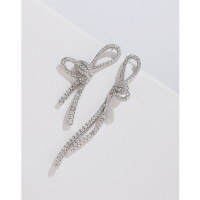 wholesale 925 Sterling Silver Full Diamond Bow Tassel Earrings for Women, High-End Asymmetrical Long Drop Earrings, Small Unique Design-Ribbon Bow Earrings-with Plastic Earplugs>925 Silver