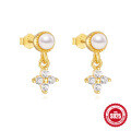 wholesale S925 Sterling Silver Fashionable Petal Diamond and Pearl Earrings, Korean Style Minimalist Studs-0-9