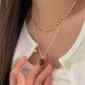wholesale S925 Sterling Silver Korean Style Red Bean Double Layer Necklace for Women, Luxury Advanced Sense Drip Enamel Collarbone Chain Trendy-0-3