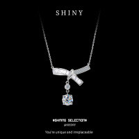 S925 Sterling Silver Bow Necklace with Zirconia, Fashion Pendant Chain-S925 sterling silver + 1 carat moissanite