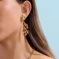 wholesale 18K Gold Stainless Steel Ocean Style Ribbed Shell Hammered Coral Drop Earrings-0-3
