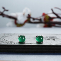 S925 Silver Chinese Style New Chinese Emperor Green Chalcedony Stud Earrings-Egg-shaped earrings - ED156 (6x8)  925 silver