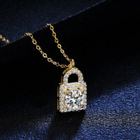 18K Gold Plated 925 Silver 1ct Moissanite Heart Lock Key Pendant Necklace-1-carat necklace (set with moissanite)  925 silver