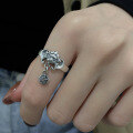 wholesale S925 Sterling Silver Retro Ethnic Lotus Pattern Creative Adjustable Open "Fu" Character Tassel Ring for Women-0-2