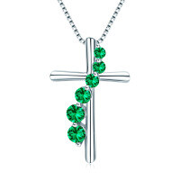 S925 Silver Cross Pendant with Pink Diamond and Sapphire Wholesale-[Cross] May (Green)  925 Silver