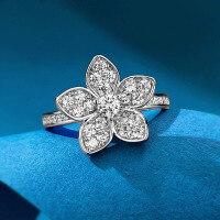 wholesale S925 silver gold-plated, Zhuozhifan floral ring women simulated diamond small flower diamond ring for daily wear alone or stacked index finger ring-R631 White Diamond No. 6