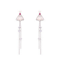 wholesale S925 silver Chinese-style folding fan earrings with long tassels, white shell, and pearl accents-Silver>925 silver