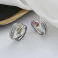 wholesale 925 Sterling Silver Vintage 3D Feather Design Cat's Eye Stone Inlaid / Leaf Symbol Unisex Ring-0-0