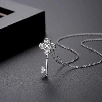 wholesale S925 Sterling Silver Romantic Four-Leaf Clover Key Flower Full Diamond Necklace, Unique Niche Design Pendant Collarbone Chain Jewelry-Four-leaf clover key necklace 925 silver
