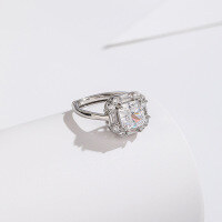 wholesale 925 Sterling Silver Ice Flower Cut Square High-Carbon Diamond Ring Women's Band Light Luxury Foreign Trade Hot-Selling Closed Ring Cross-Border New Product-White diamond ring Adjustable opening