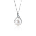 S925 Sterling Silver Moissanite Flowing Fortune Pendant Necklace with Freshwater Pearl-0-3