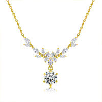 S925 Sterling Silver Moissanite Wheat Ear Bloom Pendant Necklace-Wheat Ear Necklace (Gold)  1-Carat Moissanite