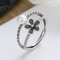 wholesale S925 Sterling Silver H Letter Pearl Tassel/Double-Layer Flower Pearl Ring, Small Luxurious Style Elegant Lady's Ring-0-4