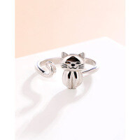 wholesale S925 Sterling Silver Cross-Border New Style Cat Ring for Women, Cartoon Kitten Adjustable Open Ring, SheIn Temu Dropshipping-White gold Adjustable opening