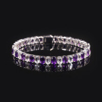 wholesale S925 Sterling Silver Two-Tone Tennis Chain Jewelry with Natural Amethyst Oval Gemstone Bracelet-3*4mm natural amethyst bracelet 7 inches (about 17.7cm)