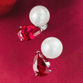 wholesale Metal material first: new style 8*12 pigeon blood red set with 10mm pearl earrings, fashionable and versatile ear accessories for women-0-3