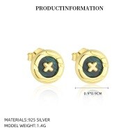 wholesale S925 Sterling Silver Round Vintage Button Earrings With Inlaid White Shell, Luxury Advanced Style, Cross-border Wholesale-YE0211_Malachite_18K Yellow Plated_Pair_With Small Flower Ear Caps 925 Silver