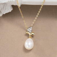 wholesale S925 Sterling Silver Cloud-Pull Jewelry Fruit Pendant with Zircon and Natural Freshwater Pearl Necklace, Fashionable and Versatile-14K gold, 45CM long 925 silver