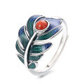 wholesale S925 sterling silver retro palace-style creative resin enamel feather-shaped ring inlaid with southern red agate-0-4