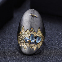 wholesale S925 Silver High-End Designer Gemstone Ring with Landscape Design, Featuring Natural Topaz-Swiss Blue Topaz Ring  US 7