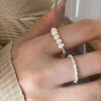 wholesale S925 Sterling Silver Crushed Silver Pearl Ring for Women, Light Luxury Small Design Sense Ring, Index Finger High-End Sense Elastic Ring-Pearl and Silver Ring - Silver &gt; Built-in elastic cord