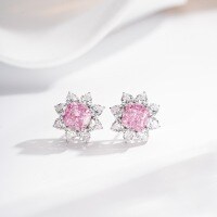 S925 Sterling Silver Sunflower Stud Earrings with Radiant Cut Ice Flower and High-Carbon Diamonds-Pink Diamond - ED048  925 Silver