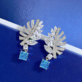 wholesale 925 Silver High-Carbon Diamond Earrings with Hand-Set 7*7 Aquamarine Princess-Cut Feather Drop Earrings-0-3