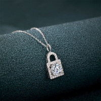 Sterling Silver 1-Carat Moissanite Women's Necklace, Small Lock Pendant Collarbone Chain-[Super Sparkling Zircon] 1 Carat Necklace  925 Silver