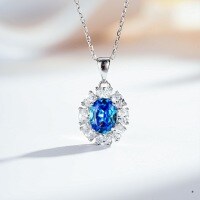 S925 Silver Necklace with Padparadscha, Paraiba, Fanta Zircon, and High-Carbon Diamond.-Blue Diamond - XL044  Single Pendant