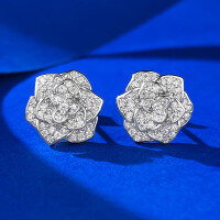 wholesale S925 Silver Full Diamond Small Camellia Rose Earrings for Women, Delicate and Versatile Style, Mu Jing Jewelry New Collection-E473 Small Camellia Earrings 925 Silver