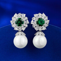 wholesale Metal: 925 Silver, New Style 12mm Artificial Cultured Pearl Earrings, Fashionable and Popular on TikTok-E436 Green Diamond Pearl Earrings 925 Silver